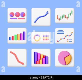 3D Set of Financial Reports Isolated. Render Collection of Documents with Stock Chart and Arrow Shows Growth or Success. Financial Item, Report, Business Investment, Money. Vector Illustration. 3D Set of Financial Reports Stock Vector