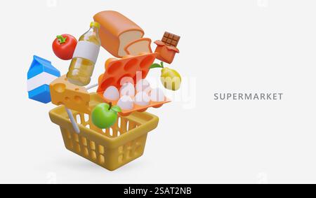 3d realistic shopping basket with natural healthy food. Time to buy eggs, cheese and fruits online. Set of products for balanced diet concept. Vector illustration with place for text. 3d realistic shopping basket with natural healthy food. Time to buy eggs, cheese and fruits online Stock Vector