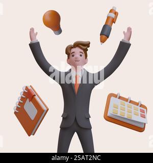 Adult man rising up hands, using office supplies. Planning and performing tasks concept. Office productivity. 3d business people concept. Vector illustration in cartoon style. Adult man rising up hands, using office supplies. Planning and performing tasks Stock Vector