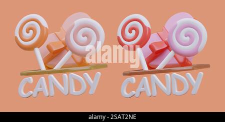 Concept of tasty logotype with pink, orange and red lollipop and heart with bow. Placard with different elements for store selling different candies. Vector illustration in 3d style. Concept of tasty logotype with pink, orange and red lollipop and heart with bow Stock Vector