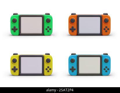Set of realistic gamepads in different colors. Gaming devices with blank screen and buttons. Pocket gaming gadget. Retro gamepad joystick. Isolated vector icons. Set of realistic gamepads in different colors. Gaming devices with blank screen and buttons Stock Vector