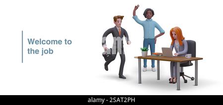 3d realistic office worker sitting at table, working on laptop. Man in office clothes holding briefcase and running to work. Business people concept. Vector illustration. 3d realistic office worker sitting at table, working on laptop Stock Vector