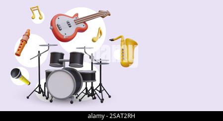 3D musical instruments. Guitar, drum stand and flute, microphone and saxophone, nota. Concept of music competition, performance, concert. Vector template in cartoon style. 3D musical instruments. Guitar, drum stand, flute, microphone, saxophone, nota Stock Vector