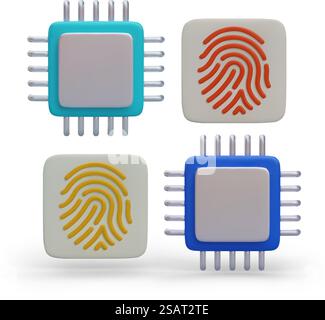 Set of realistic CPU and fingerprints. Access to work for several users. Data protection. Colored vector icons for modern web design. Multiprocessor computer. Set of realistic CPU and fingerprints. Access to work for several users Stock Vector