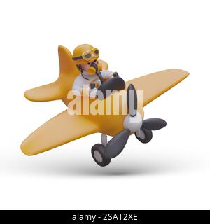 Yellow 3D retro plane with pilot. Air transport in flight. Character is holding steering wheel. Vector illustration on white background. Image in cute cartoon style. Yellow 3D retro plane with pilot. Air transport in flight. Character is holding steering wheel Stock Vector