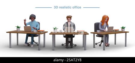 Realistic office, workplace. Male and female vector characters sitting at desks and working in laptops. Comfortable modern workplace. Concept on white background. Realistic office, workplace. Male and female vector characters Stock Vector