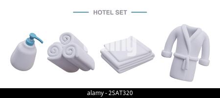 Set of hotel accessories for bathing and washing. Dispenser bottle, face and hand towels, large white towel, bathrobe. 3D isolated vector elements, mockup. Set of hotel accessories for bathing and washing. Dispenser bottle, face and hand towels Stock Vector
