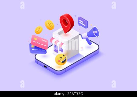 3D Render isometric view Online shopping. Smart concept of E-commerce. 3D floating related elements around shop. Secure online shopping concept.  3d vector render illustration Stock Vector