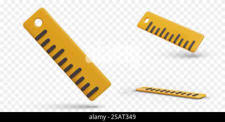 3D yellow plastic ruler. Device for measuring length and width. School supplies, stationery. Metric symbol. Set of vector objects in different positions. 3D yellow plastic ruler. Device for measuring length and width Stock Vector