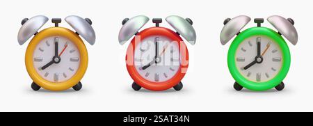 3D stylized vintage alarm clocks in cartoon style, front view. Device for wake up sound signal. Set of yellow, red, green images. Icons for application, website. 3D stylized vintage alarm clocks in cartoon style, front view Stock Vector