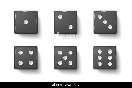 Black gambling dices realistic vector illustration set. Plastic cubes with dot numbers for playing 3d elements on white background. Casino items, Black gambling dices realistic vector illustration set. Plastic cubes with dot numbers for playing 3d elements on white background. Casino items Stock Vector
