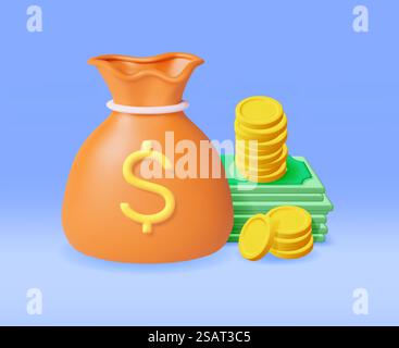 3D Money Cloth Bag with Dollar Sign and Cash Money Stock Vector Image ...
