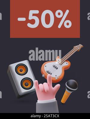 Poster for music shop with big discount and black background. 3d realistic hand, sound amplifier, microphone and electric guitar. Vector illustration in gray and black colors. Poster for music shop with big discount and black background Stock Vector