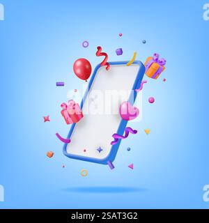 3D Party Confetti on Mobile Phone. Render Plasticine Confetti on Smartphone. Colorful Firecracker Elements in Various Shapes. Party Holyday Surprise or Birthday Events. Vector Illustration. 3D Party Confetti on Mobile Phone Stock Vector
