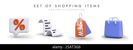 Set of shopping items for store. 3d realistic sign of percent, cash receipt, discount tag and shopping bag. Time to shop. Vector illustration in realistic 3d style. Set of shopping items for store. 3d realistic sign of percent, cash receipt, discount tag Stock Vector