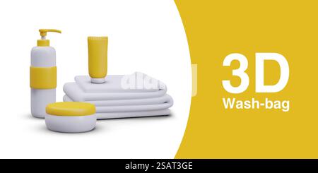 Set for washing. Travel kit. Realistic vector hygiene accessories. Containers with care cosmetics, white towel. Concept of modern cosmetic, wash bag. Mockup for design. Set for washing. Travel kit. Realistic vector hygiene accessories. Containers with cosmetics, towel Stock Vector