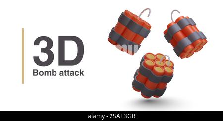 Bundles of dynamite sticks. 3D red bombs, terrorist weapons. Collection of vector objects in different positions. Bomb with fuse. Image on white background. Bundles of dynamite sticks. 3D red bombs, terrorist weapons Stock Vector