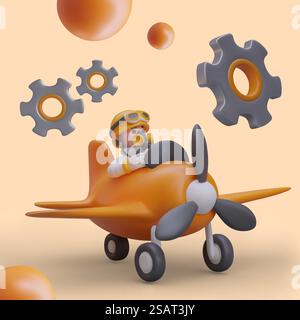3D plane with pilot, giant gears. Concept of adjustment, repair. Designing, finding right solution. Color vector composition on orange background. Game design. 3D plane with pilot, giant gears. Concept of adjustment, repair Stock Vector