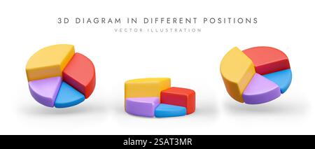 Pie chart infographic with sectors of different colors and heights. Bright vector illustrations in cartoon style. Set of vector images at different angles. Analytics, statistics, analysis. Pie chart infographic with sectors of different colors and heights. Bright vector illustrations Stock Vector