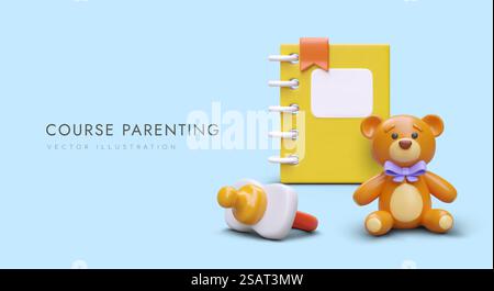 Poster with blue background, realistic notebook, teddy bear and plastic pacifier. Parenting course concept. Preparing for birth of child. Vector illustration. Poster with blue background, realistic notebook, teddy bear and plastic pacifier Stock Vector