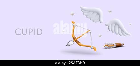 Romantic concept with Cupid accessories. 3D bow, arrow, quiver, white wings, stars. Vector template on colored background. Advertising dating agency for social networks. Theme party. Romantic concept with Cupid accessories. 3D bow, arrow, quiver, white wings, stars Stock Vector