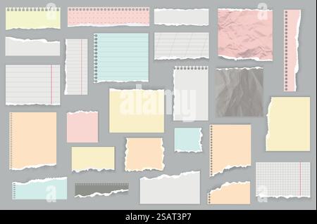 Ripped papers mega set in flat design. Bundle elements of colorful torn paper sheets, sticky notes shreds, notebook edges, empty and lined stripes. Vector illustration isolated graphic objects Stock Vector