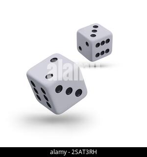 Realistic white dice with black dots. Vector elements with shadows. Cubes in flight, falling effect. Illustration for website, application of gambling, table games. Realistic white dice with black dots. Vector elements with shadows Stock Vector