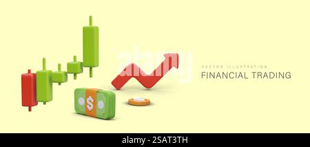 Stock market growth. Chart with Japanese candles, red arrow up, money. Assistance in registering exchange account. Successful trading. Vector concept on yellow background, place for text. Stock market growth. Chart with Japanese candles, red arrow up, money Stock Vector