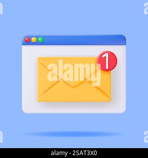 3D Mail Envelope with Document and Notification New Message Isolated. Paper Letter Icon with Notification Red Bubble. New or Unread Email. Message, Contact, Letter and Document. Vector Illustration. 3D Mail Envelope with Document and Notification Stock Vector