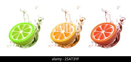 Set of citrus halves in splashes of juice. 3D illustrations of different colors. Lime, orange, Sicilian orange. Green, yellow, red cut fruit. Natural juice. Set of citrus halves in splashes of juice. 3D illustrations of different colors Stock Vector