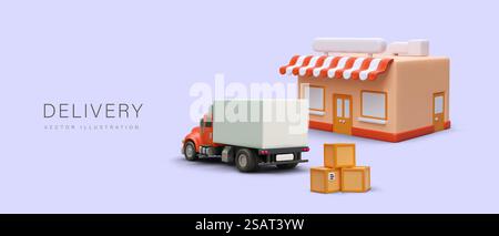 3d truck parked near shop. Preparation for loading goods in car. Fast delivery service concept. Vector illustration in red colors with purple background. 3d truck parked near shop. Preparation for loading goods in car Stock Vector