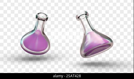 3D triangular round flask with narrow neck. Laboratory Erlenmeyer flask with pink liquid. Glass labware. Vector color objects, view from different sides. 3D triangular round flask with narrow neck. Laboratory Erlenmeyer flask with pink liquid Stock Vector