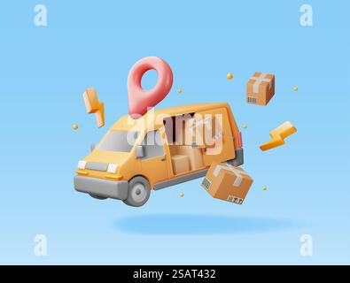 3D Delivery Van and Cardboard Boxes Isolated on White. Render Express Delivering Services Commercial Truck. Concept of Fast and Free Delivery by Car. Cargo and Logistic. Realistic Vector Illustration. 3D Delivery Van and Cardboard Boxes Stock Vector