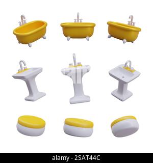 Golden bathtub, wash basin, jar of cosmetics. Vector objects in different positions. Templates for dynamic, bright web design. Isolated color illustrations. Golden bathtub, wash basin, jar of cosmetics. Vector objects in different positions Stock Vector