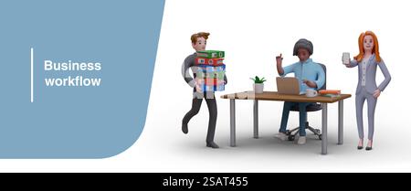 Business workflow, process. Clerk carries stack of folders, man works on laptop, woman in business suit shows smartphone with blank screen. Color vector composition, mockup. Business workflow, process. Color vector composition, mockup Stock Vector