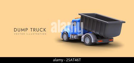 3D single axle dump truck, rear view. Services of transportation of soil, sand, stones. Advertising business concept, place for logo, text, link button. Template for social networks. 3D single axle dump truck, rear view. Services of transportation of soil, sand, stones Stock Vector