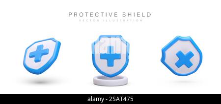 Medical protection, insurance symbol. Set of vector shields with blue cross. Paid service of medical insurance companies. Images with and without subtitles. View from different angles. Medical protection, insurance symbol. Set of vector shields with blue cross Stock Vector