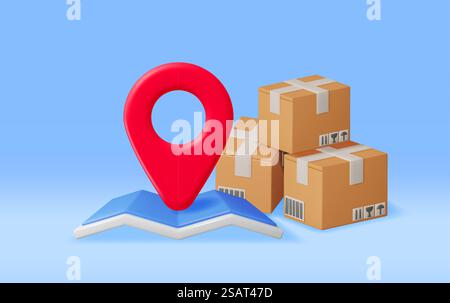 3D Carton Packaging Box with Map and Location Pin. Render Map and Cardboard Package with Cover. Carton Delivery Packaging. Presentation, Gift Transportation and Logistics. Vector Illustration. 3D Carton Packaging Box with Map and Location Pin Stock Vector