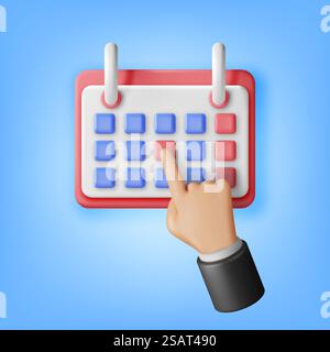 3D Hand Putting on Calendar Isolated. Render Calendar Icon. Schedule, Appointment, Organizer, Timesheet, Important Date. Time Management Concept. Minimal Vector Illustration. 3D Hand Putting on Calendar Stock Vector