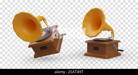 Realistic gramophone. Isolated illustrations in cartoon style. Detailed vector object in different positions. Vintage device for playing music from records. Realistic gramophone. Isolated illustrations in cartoon style Stock Vector