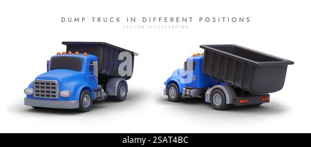 Set of 3D dump trucks in different positions. Vector object, front and back view. Specialized equipment for transportation of soil, bulk building materials. Color illustration with shadows. Set of 3D dump trucks in different positions. Vector object, front and back view Stock Vector