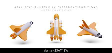 Color realistic shuttle. Start, flight, landing of spaceship. Shuttle with different number of turbines. Multi stage rocket. Set of vector illustrations on white background. Color realistic shuttle. Start, flight, landing of spaceship Stock Vector