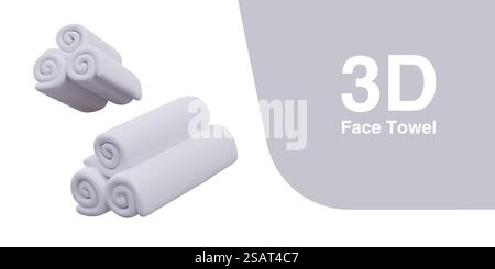 3D model of rolled towel. White bathroom textiles, unmarked. Place for logo. Volumetric icon for shop of bath accessories. Hygiene of face skin. Isolated vector image. 3D model of rolled towel. White bathroom textiles, unmarked. Place for logo Stock Vector