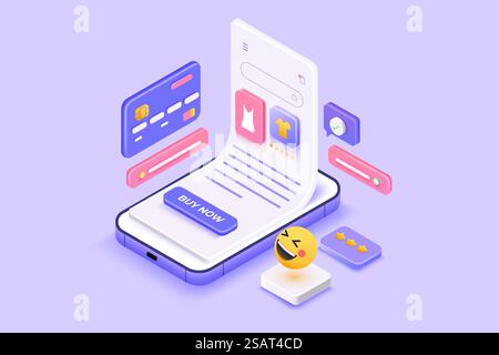 3D Render isometric view Online shopping. Smart concept of M-commerce. 3D floating related elements around shop. Secure online shopping concept.  3d vector render illustration Stock Vector