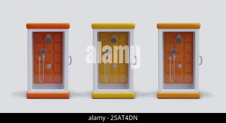 Shower cabin, front view. Set of illustrations in different colors. Red, yellow, orange hydromassage boxes. Isolated images, icons for shop, plumbing works. Shower cabin, front view. Set of illustrations in different colors Stock Vector