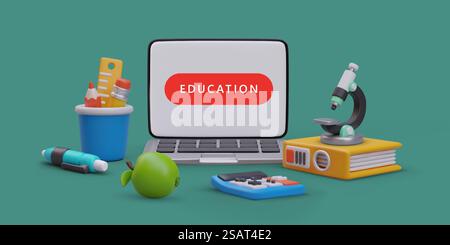 Advertising poster with different stuff for study. Laptop with button education. Online school, prepare for study concept. Vector illustration with green background. Advertising poster with different stuff for study. Laptop with text education Stock Vector