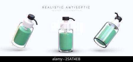 Set of bottles with green antiseptic. Sanitizer with dispenser. Liquid soap for disinfection. Glass container with reflections and shadows. Color images in cartoon style. Set of bottles with green antiseptic. Sanitizer with dispenser. Liquid soap for disinfection Stock Vector