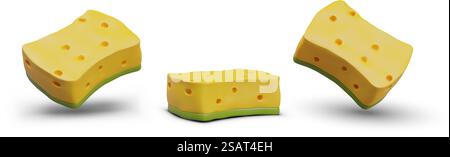 Porous yellow green sponge. Bath washcloth, top and side view. Set of color images. Vector illustration for cleaning accessories website. Hygiene maintenance, health care. Porous yellow green sponge. Bath washcloth, top and side view Stock Vector