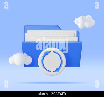 3D Blue Folder in Clouds with File Sync Icon Isolated. Render Computer File Folder with Synchronization Cloud. Data Center, Cloud Storage Concept. Online Backup. Internet Archive. Vector Illustration. 3D Blue Folder in Clouds with File Sync Icon Stock Vector