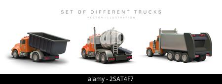 Set of 3D trucks with orange cab, rear view. Industrial trucks with different body types. Dump truck, concrete mixer, garbage truck. Realistic isolated image on white background. Set of 3D trucks with orange cab, rear view. Industrial trucks with different body types Stock Vector